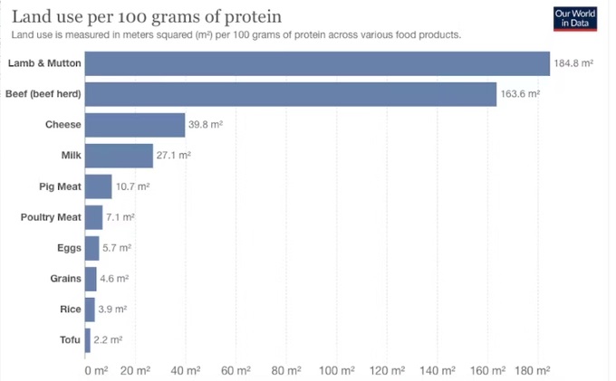 screenshot_1670468854-101624_190.jpeg Thịt bò và thịt cừu có thể chứa nhiều protein nhưng việc sản xuất ra mỗi 100 gram theo cách hiện tại tiêu tốn rất nhiều tài nguyên đất, nước và chi phí khác. Đồ họa: WorldInData (Poore & Nemecek 2018)