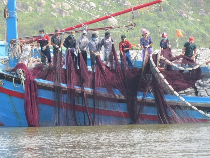 Ngư dân Phổ Quang sắp lưới gọn gàng trước khi vươn khơi. Ảnh: Thanh Kỳ.