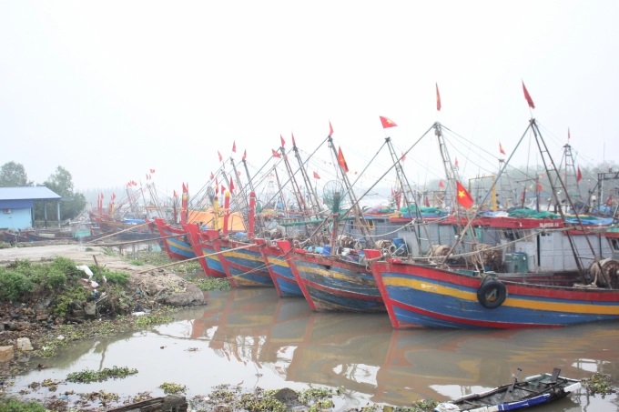 Tàu thuyền ngư dân nối đuôi nhau nằm bờ tại cảng cá Tân Sơn, sông Diêm Hộ, Thái Thụy, Thái Bình không dám ra khơi vì sợ lỗ do giá xăng dầu đang ở mức cao. Ảnh: Trung Quân.