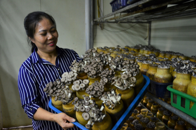 Chị Nguyễn Thị Mùi, nhân viên Công ty Cổ phần KMS bên những lọ nấm sắp ra lò. Ảnh: Dương Đình Tường.
